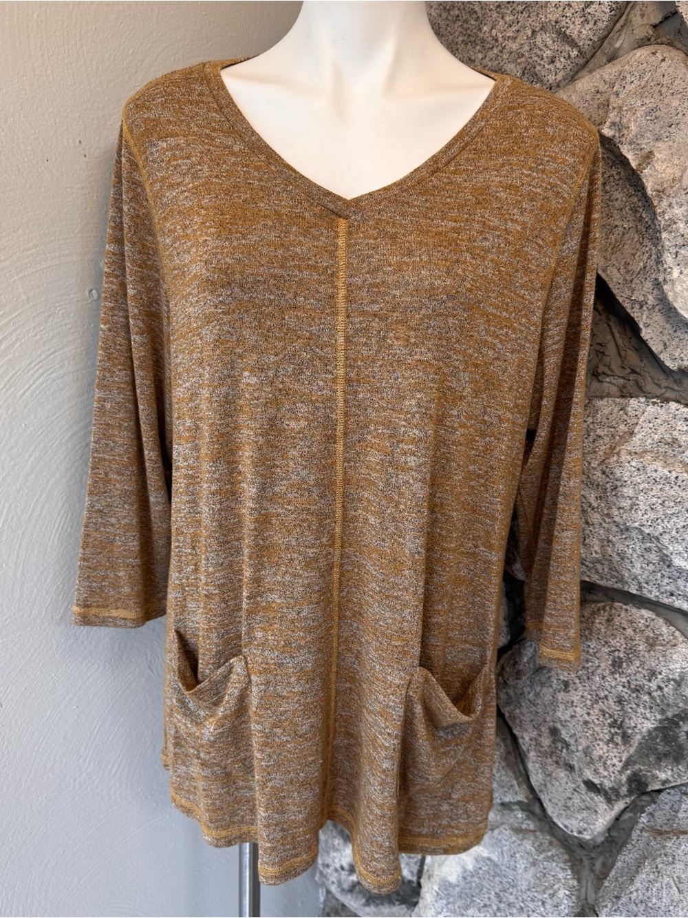 LOGO Lori Goldstein QVC Relaxed V-Neck Pocket Tunic Mustard Yellow 3/4 Sleeve XL